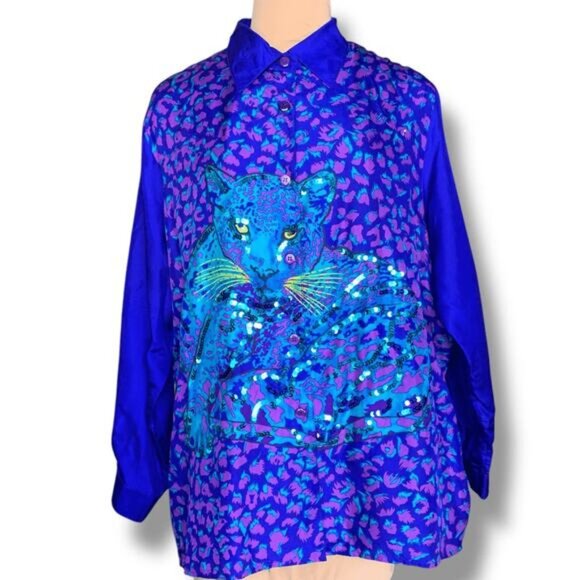 Vintage Diane Gilman Silk Leopard Animal Print Sequin Sheer Blouse Electric Blue - Picture 1 of 10